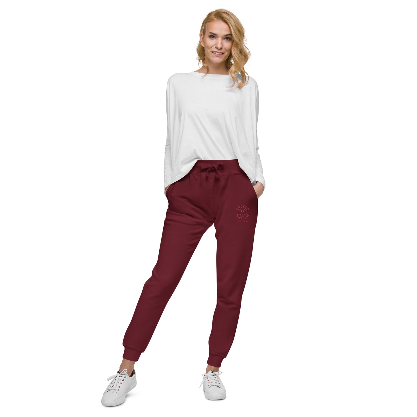 Stoked Moms Club Embroidered Joggers - Maroon/Magenta